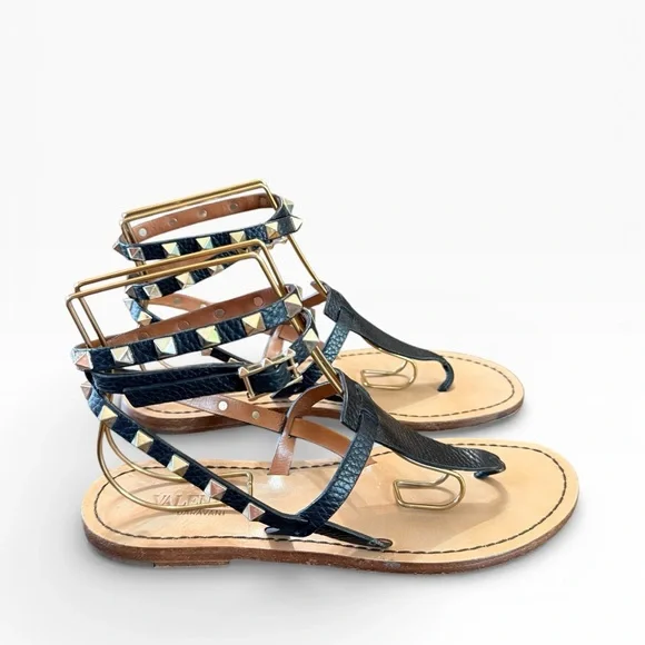 Valentino Rockstud Black Leather Thong Wrap Around Strap Flat Sandal 37.5 US 7.5